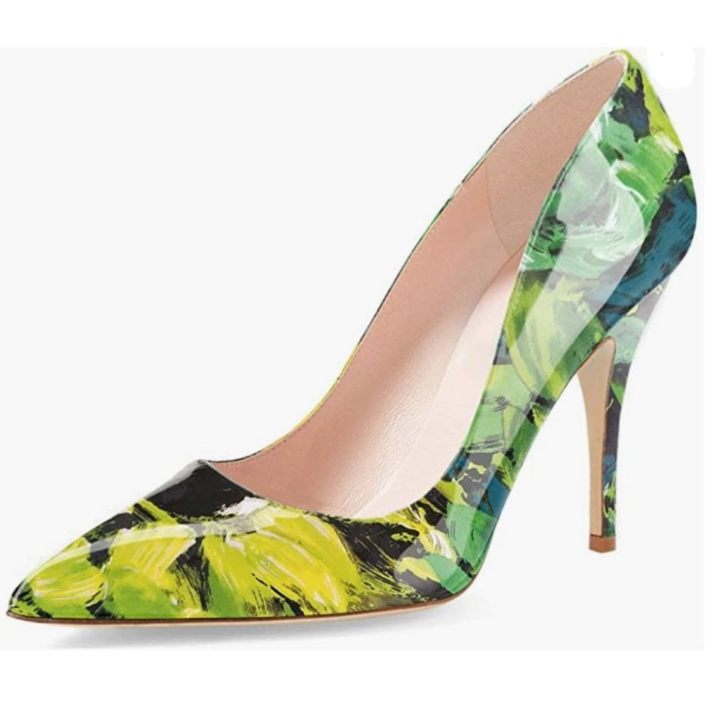 YDN Green Floral Chic Pointed Toe Slip on Stilettos Heel Pumps Shoes for Party